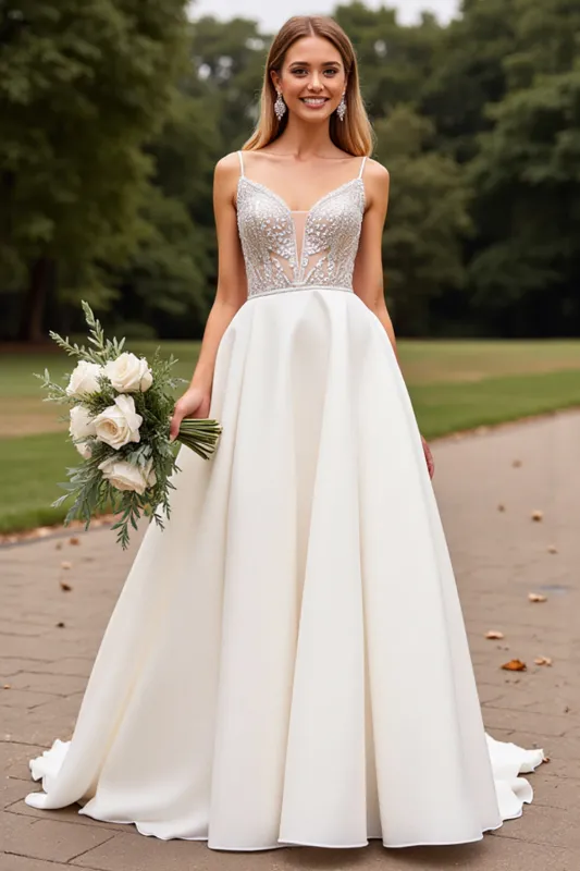 Ivory Spaghetti Straps A Line Weding Dress with Beading sold by Zapaka