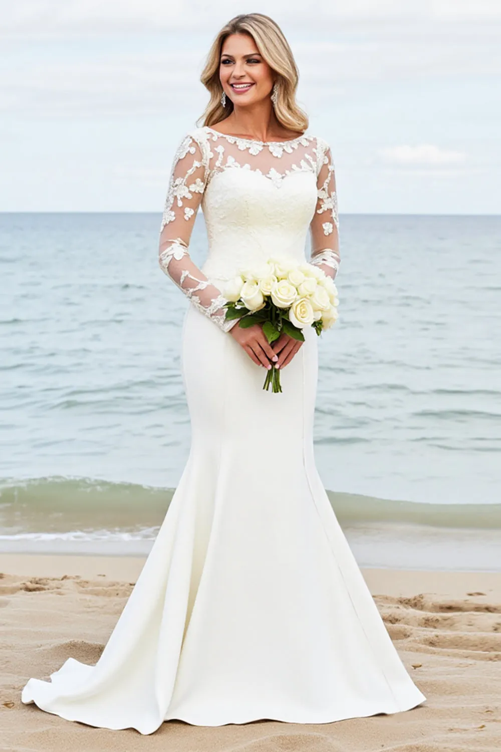 lvory Mermaid Long Sleeves Appliqued Wedding Dress sold by Zapaka product image thumbnail 3
