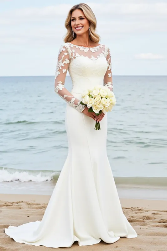 lvory Mermaid Long Sleeves Appliqued Wedding Dress sold by Zapaka