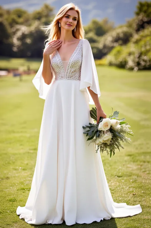 lvory A Line 3/4 Sleeves Lace Long Wedding Dress sold by Zapaka