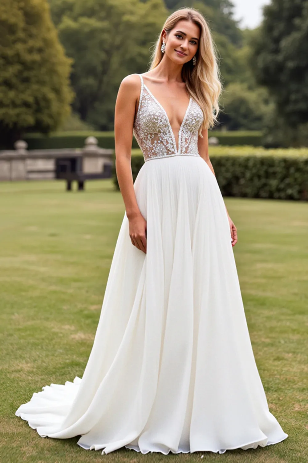 Chiffon Ivory Appliques Deep V Neck A Line Wedding Dress sold by Zapaka product image thumbnail 2