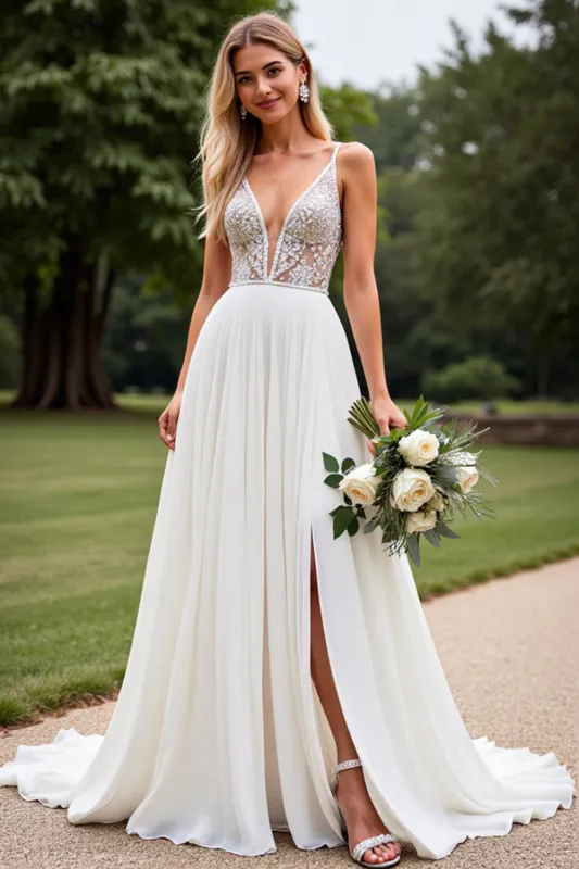Chiffon Ivory Appliques Deep V Neck A Line Wedding Dress sold by Zapaka