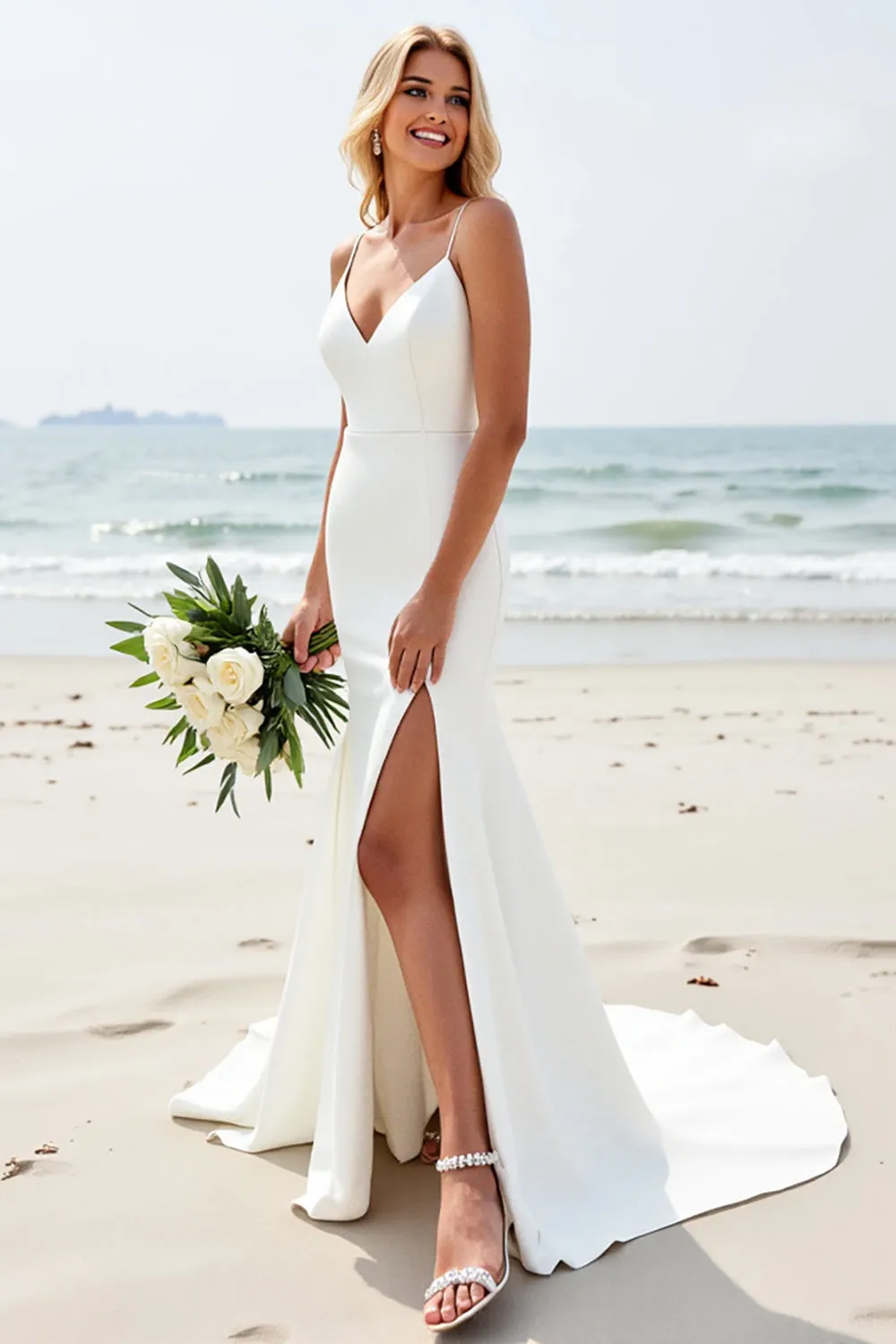 lvory Mermaid Spaghetti Straps Wedding Dress with Slit sold by Zapaka