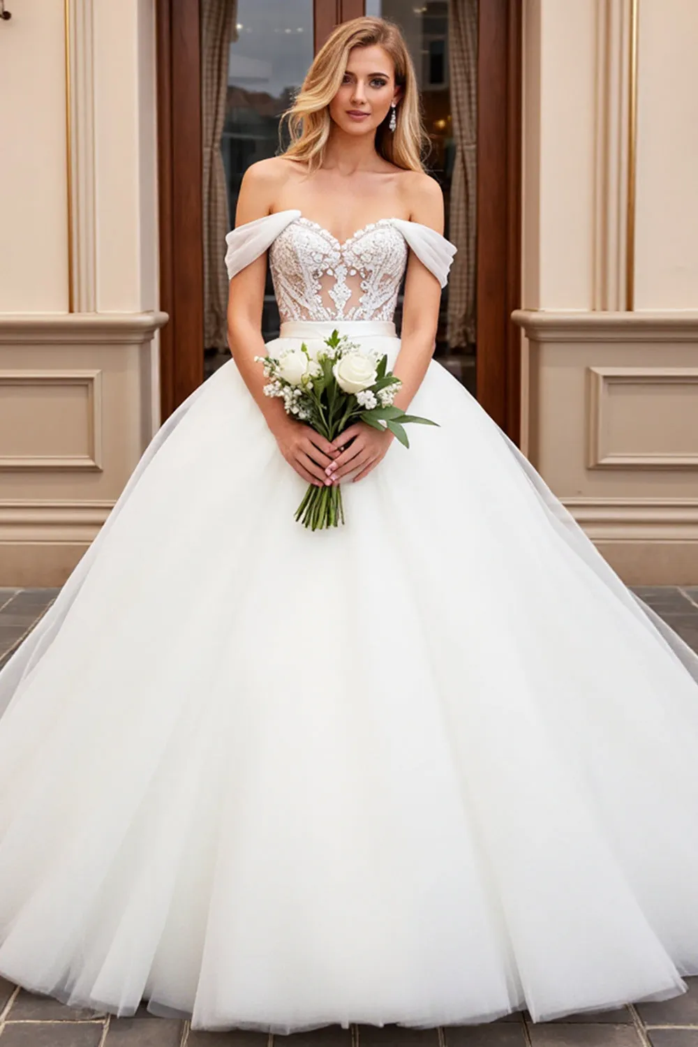 lvory A Line Off The Shoulder Appliqued Tulle Long Wedding Dress sold by Zapaka