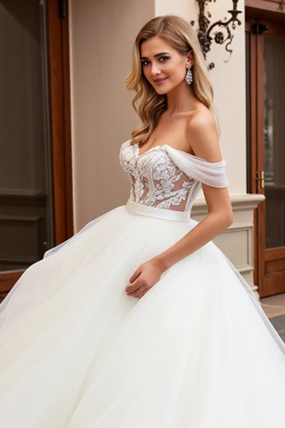 lvory A Line Off The Shoulder Appliqued Tulle Long Wedding Dress sold by Zapaka product image thumbnail 5