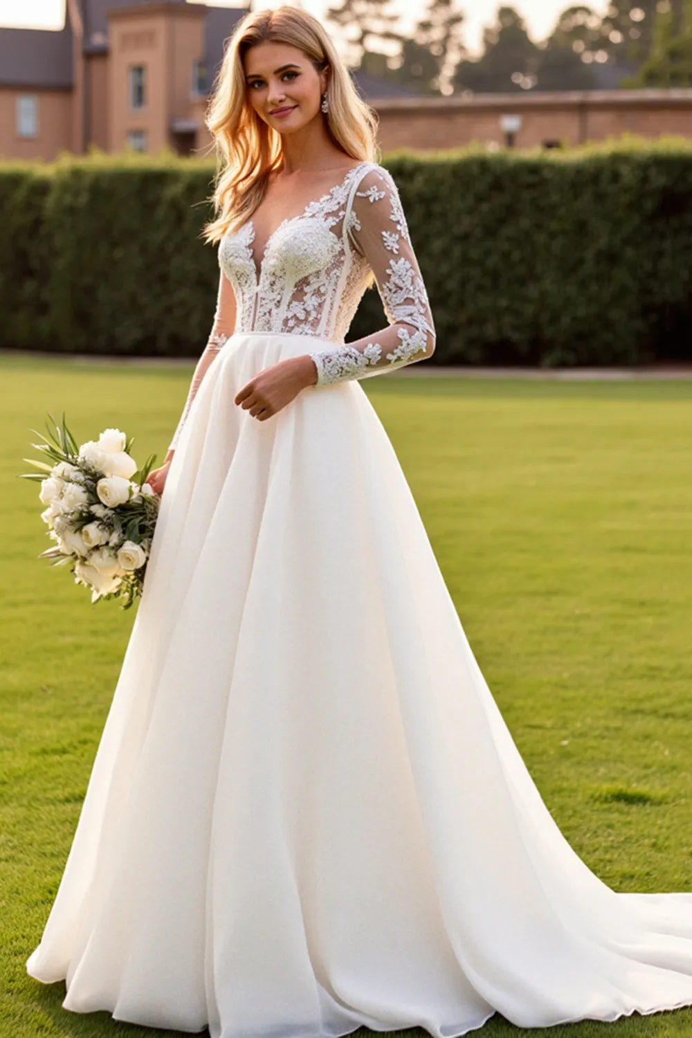 lvory A Line Long Sleeves Lace Appliqued Wedding Dress sold by Zapaka product image thumbnail 3