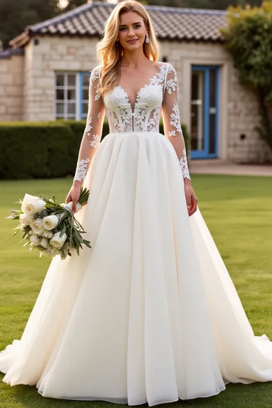 lvory A Line Long Sleeves Lace Appliqued Wedding Dress sold by Zapaka