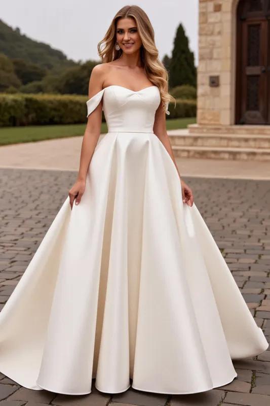 lvory A Line Off The Shoulder Satin Long Wedding Dress made by Zapaka