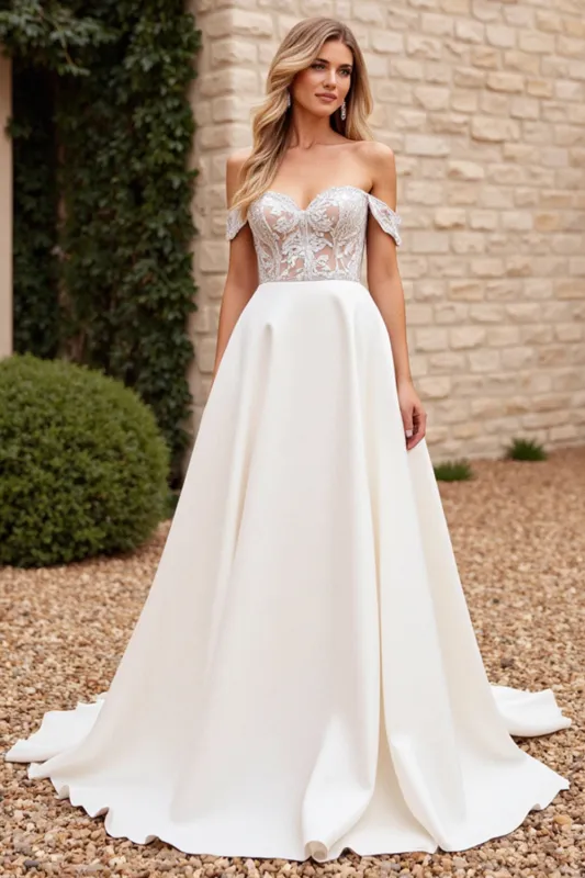 lvory A Line Off The Shoulder Lace Appliqued Wedding Dress sold by Zapaka