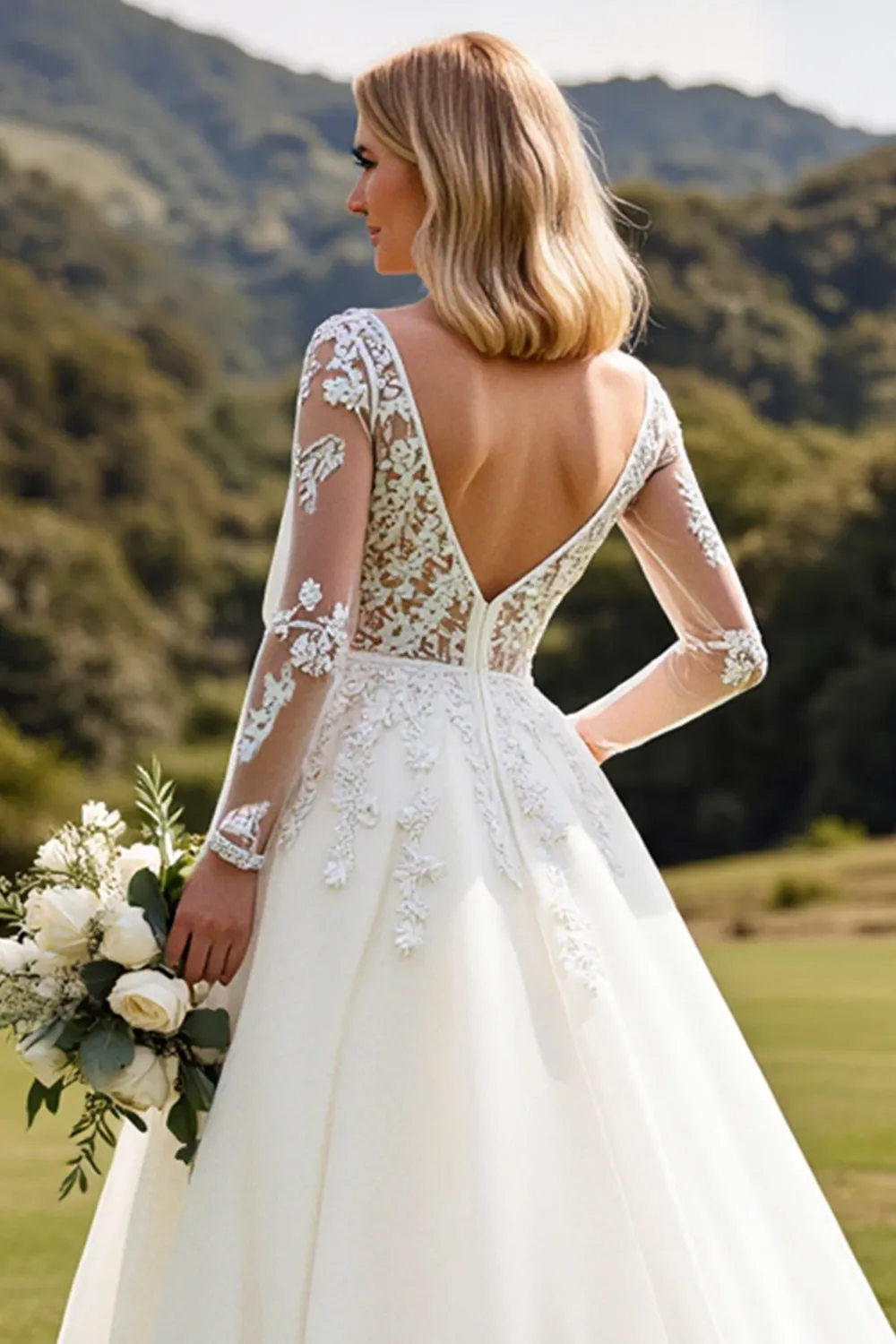Long Sleeves lvory A Line Lace Appliqued Wedding Dress sold by Zapaka product image thumbnail 5