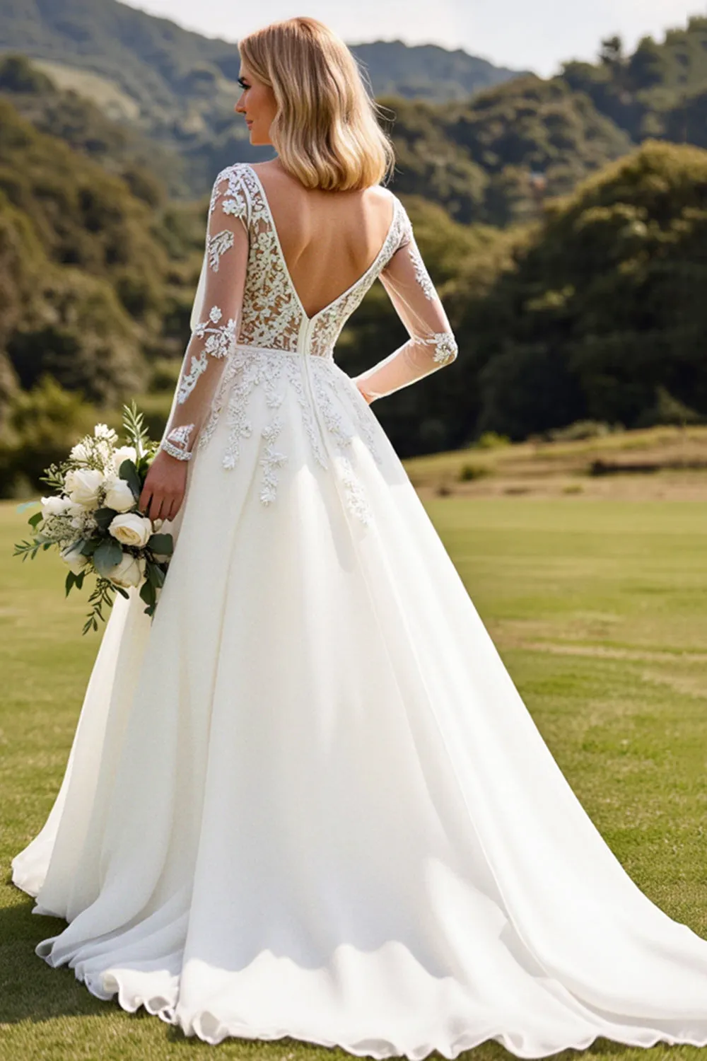 Long Sleeves lvory A Line Lace Appliqued Wedding Dress sold by Zapaka product image thumbnail 2