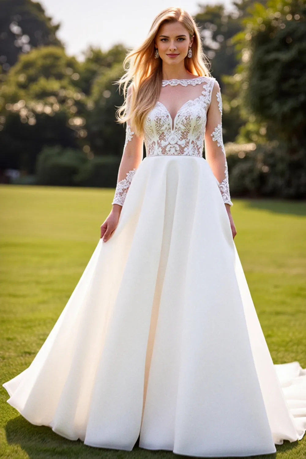 A Line Lace Appliqued Long Sleeves lvory Wedding Dress sold by Zapaka product image thumbnail 3