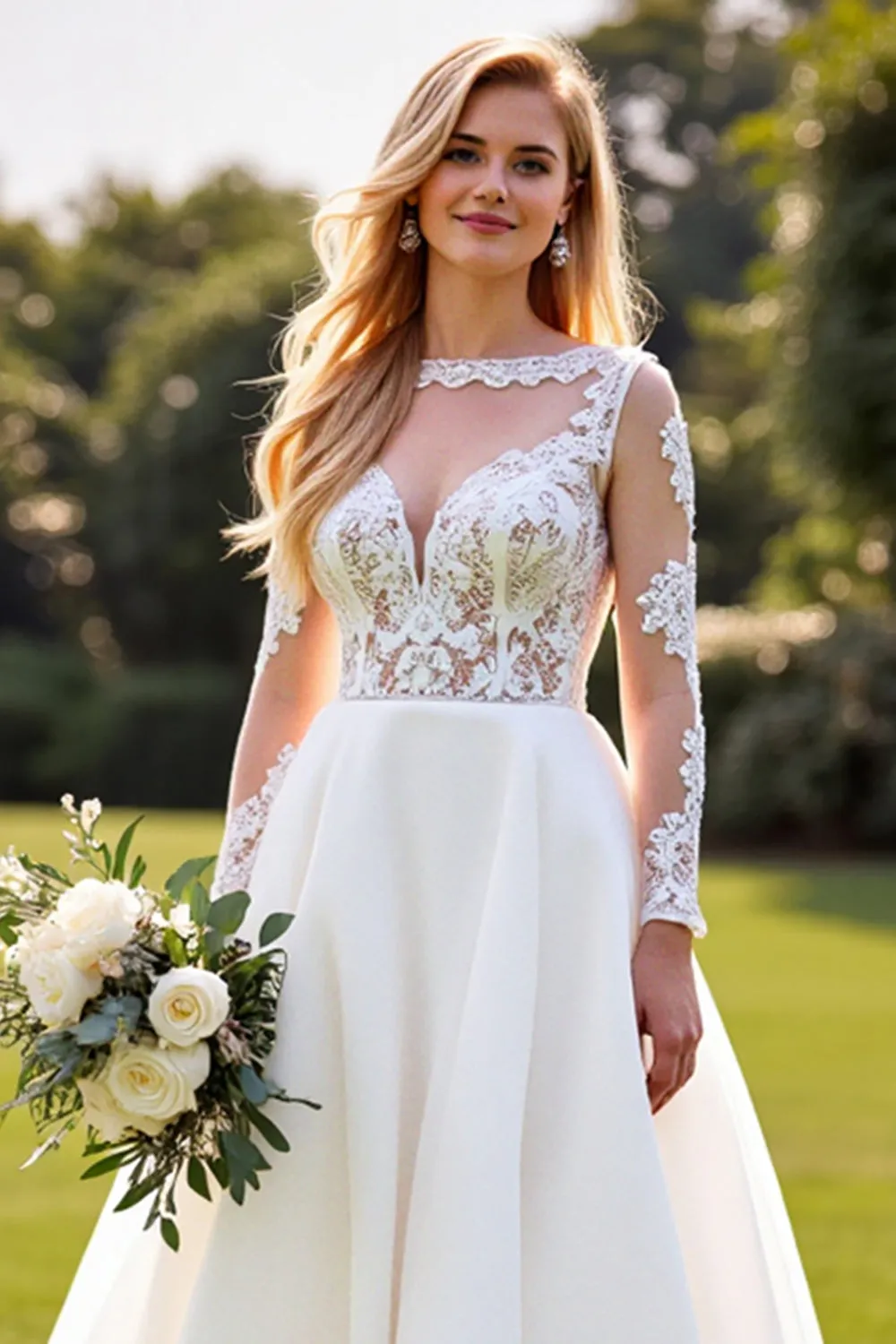 A Line Lace Appliqued Long Sleeves lvory Wedding Dress sold by Zapaka product image thumbnail 4