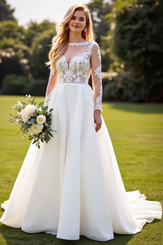 A Line Lace Appliqued Long Sleeves lvory Wedding Dress sold by Zapaka