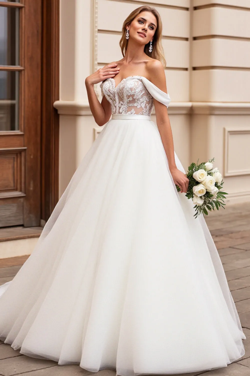 A Line Off The Shoulder Lace Appliqued lvory Wedding Dress sold by Zapaka