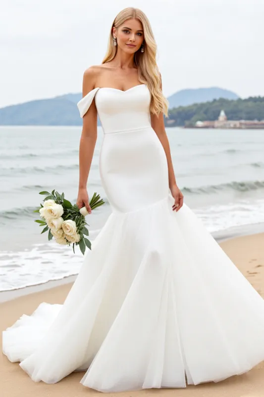 Off the Shoulder Mermaid Ivory Organza Wedding Dress sold by Zapaka