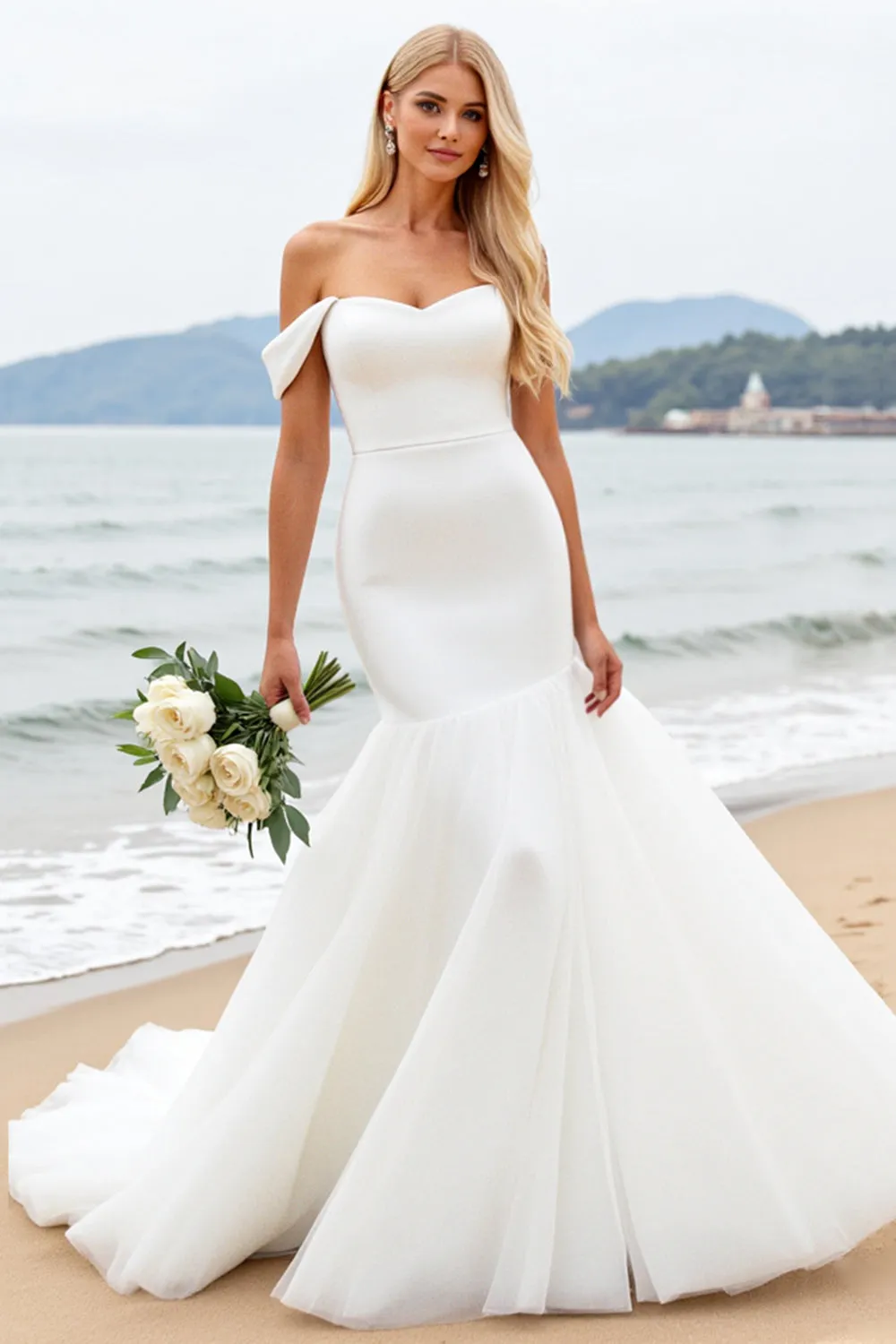 Off the Shoulder Mermaid Ivory Organza Wedding Dress sold by Zapaka