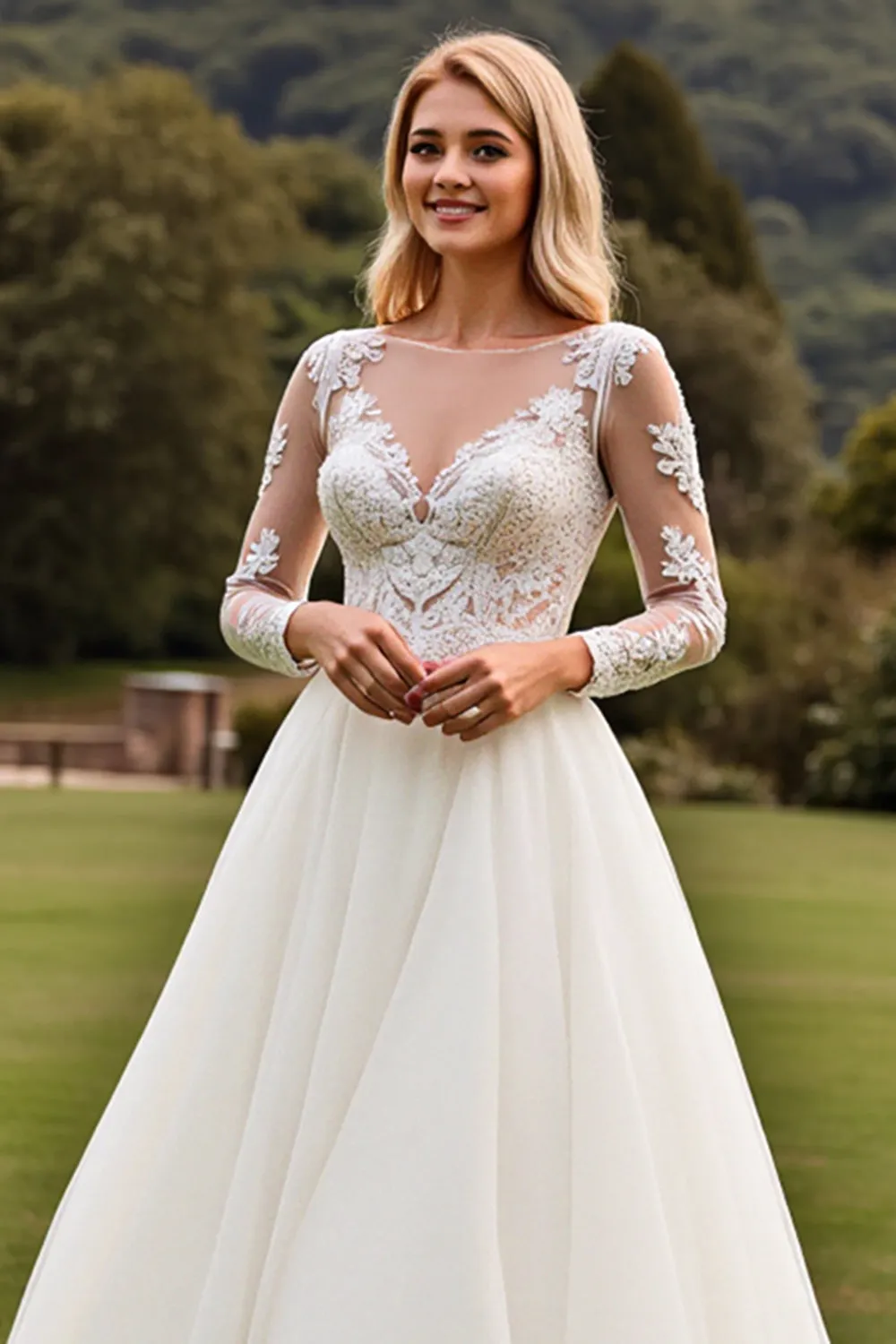 A Line Appliqued Long Sleeves lvory Wedding Dress sold by Zapaka product image thumbnail 4