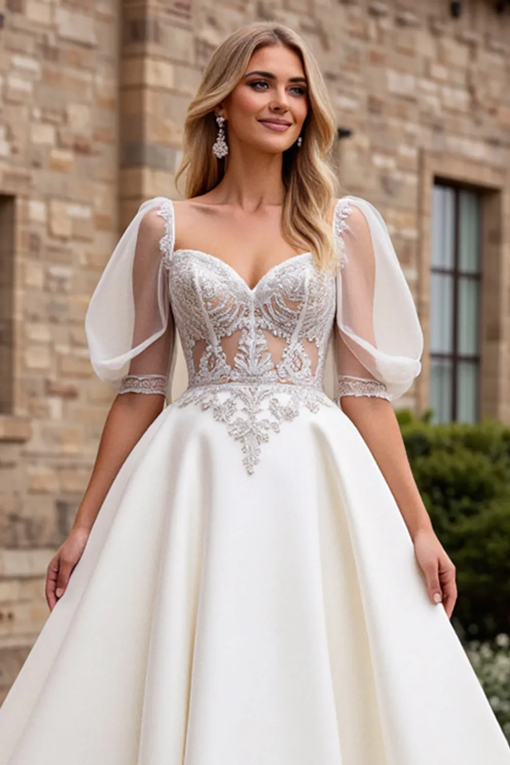 lvory A Line Half Sleeves Appliqued Long Wedding Dress sold by Zapaka product image thumbnail 4