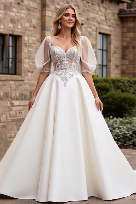 lvory A Line Half Sleeves Appliqued Long Wedding Dress sold by Zapaka