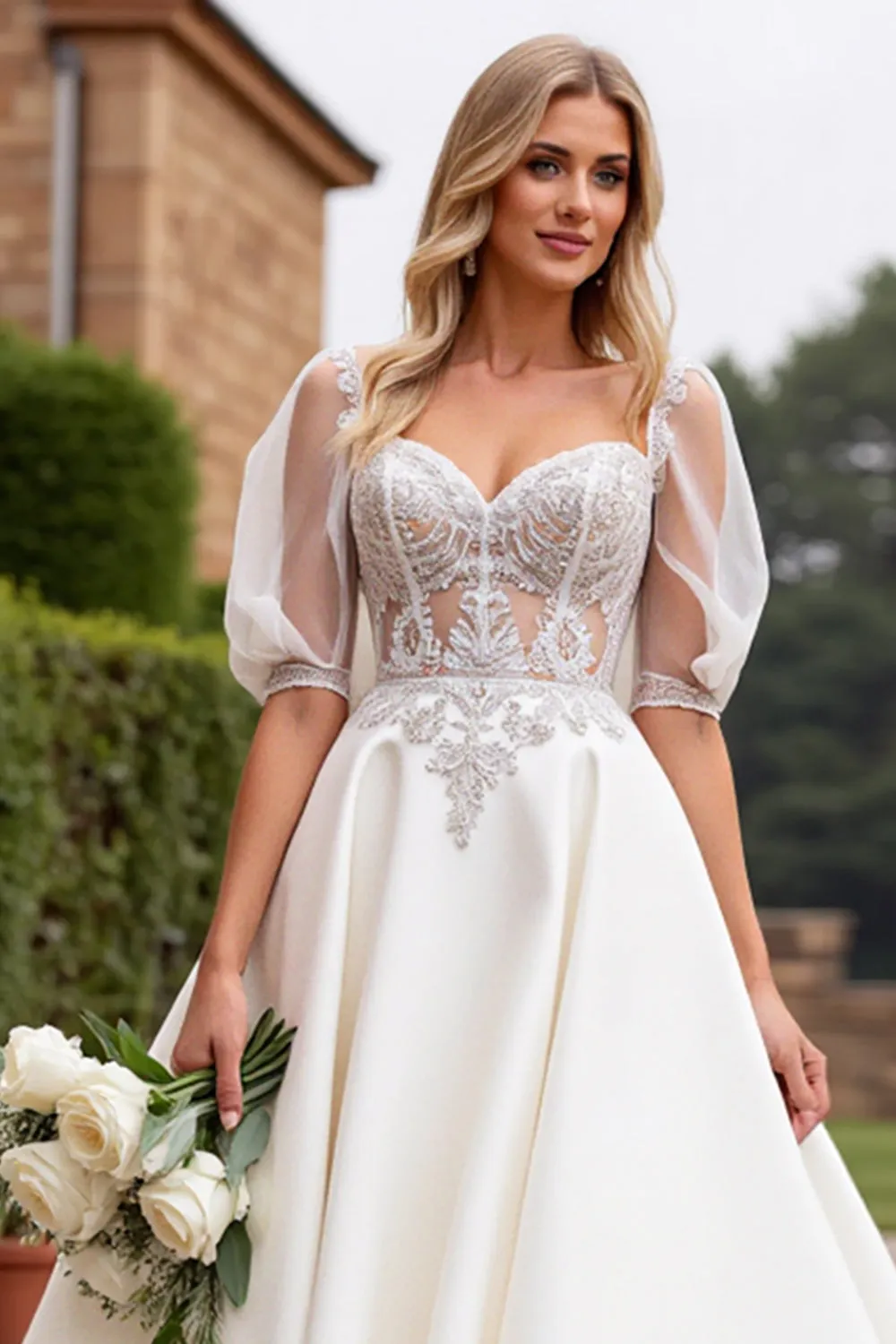 lvory A Line Half Sleeves Appliqued Long Wedding Dress sold by Zapaka product image thumbnail 5