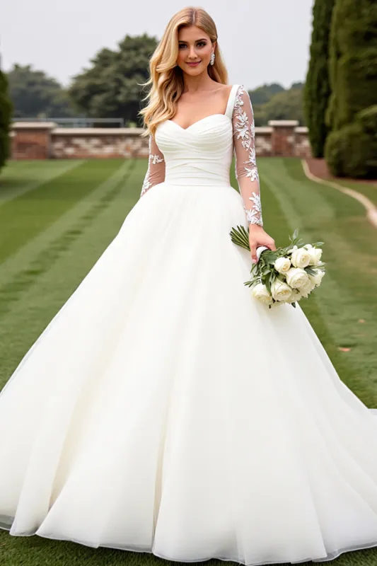 Ivory Lace Long Sleeves A Line Organza Wedding Dress sold by Zapaka