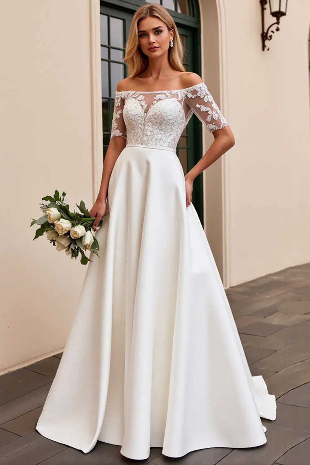 lvory A Line Off The Shoulder Lace Long Wedding Dress sold by Zapaka