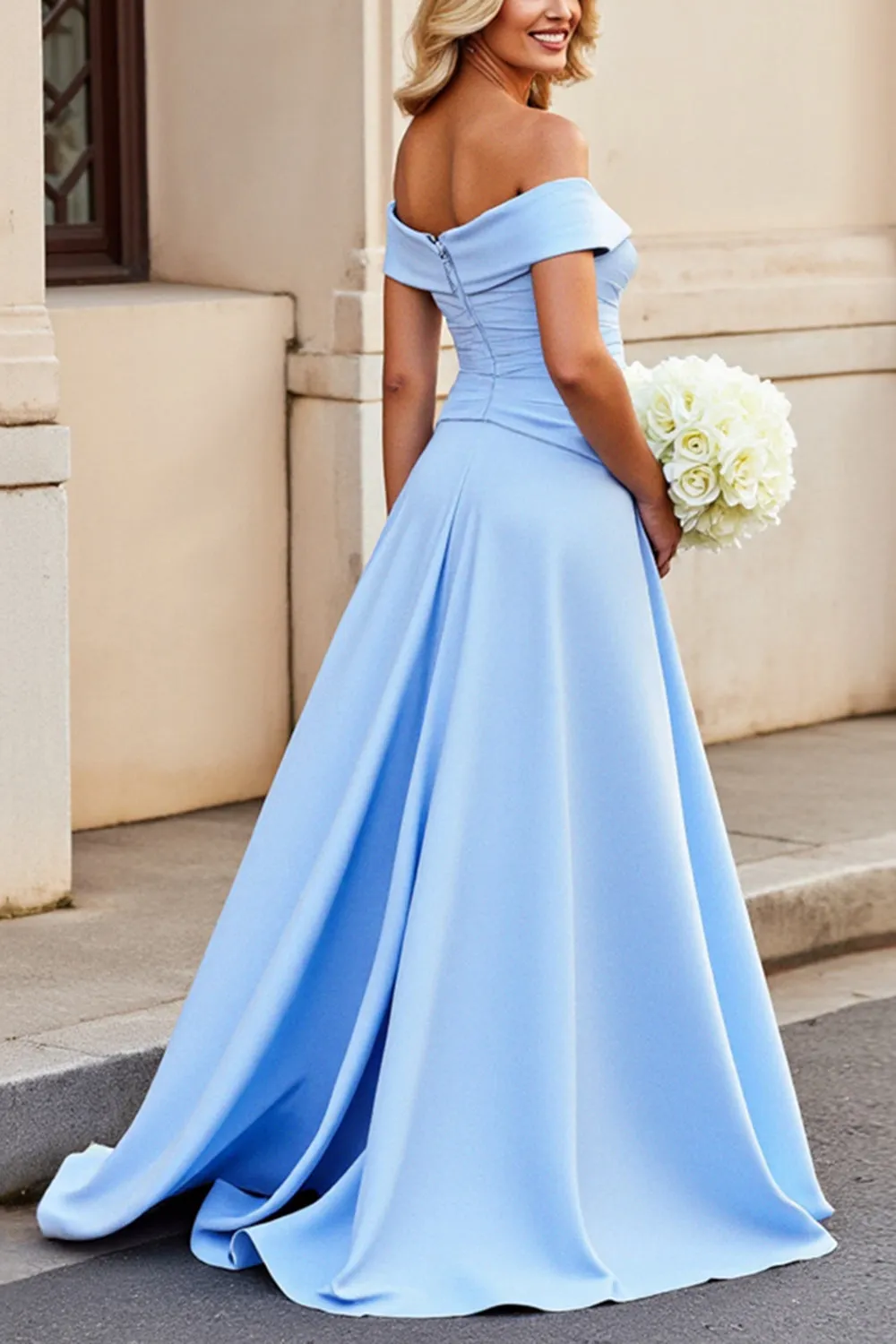 Light Blue Off the Shoulder A Line Satin Ruched Wedding Dress sold by Zapaka product image thumbnail 2