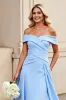 Light Blue Off the Shoulder A Line Satin Ruched Wedding Dress sold by Zapaka