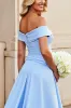 Light Blue Off the Shoulder A Line Satin Ruched Wedding Dress sold by Zapaka