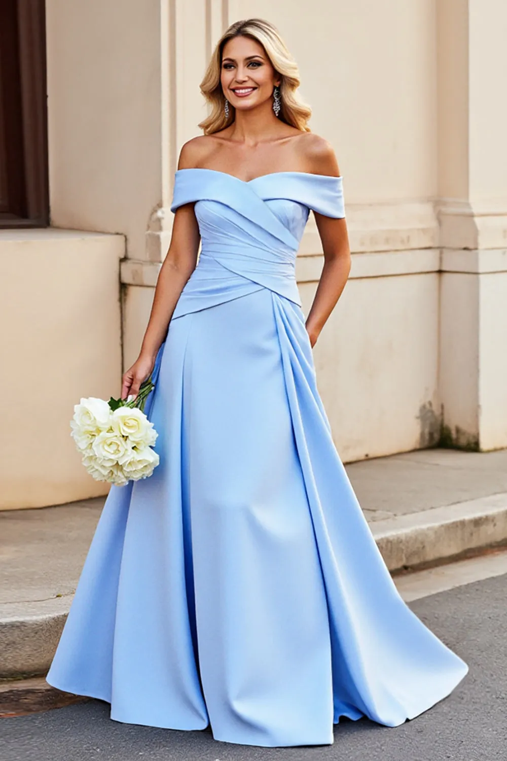 Light Blue Off the Shoulder A Line Satin Ruched Wedding Dress sold by Zapaka