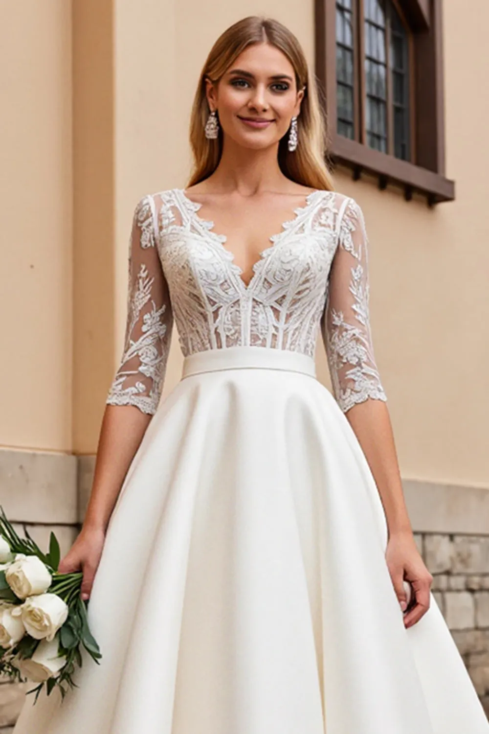 A Line Half Sleeves lvory Lace Long Wedding Dress sold by Zapaka product image thumbnail 4