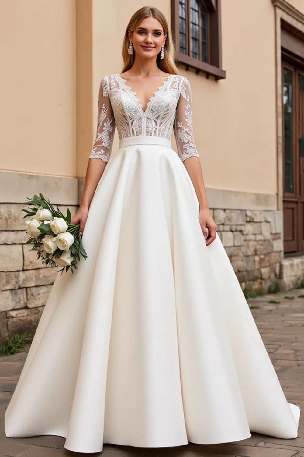 A Line Half Sleeves lvory Lace Long Wedding Dress sold by Zapaka