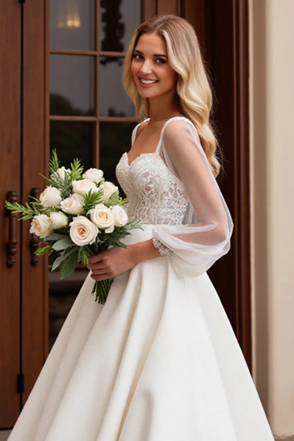 Ivory Satin 3/4 Sleeves Lace A Line Wedding Dress sold by Zapaka product image thumbnail 4