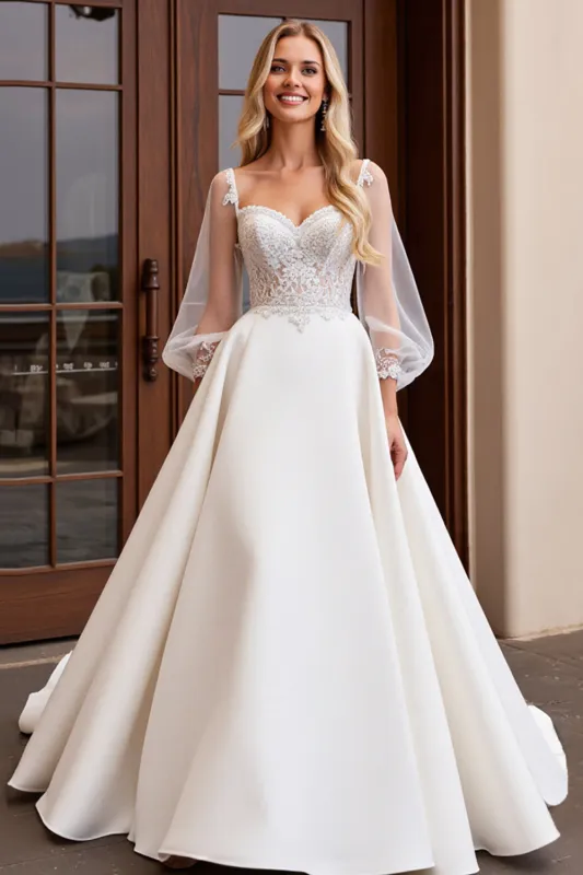 Ivory Satin 3/4 Sleeves Lace A Line Wedding Dress sold by Zapaka