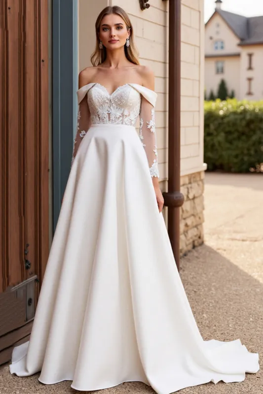 Lace Ivory Off the Shoulder A Line Wedding Dress sold by Zapaka