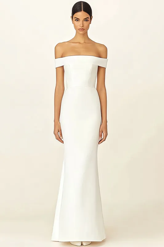 White Off the Shoulder Satin Long Sheath Engagement Dress sold by Zapaka