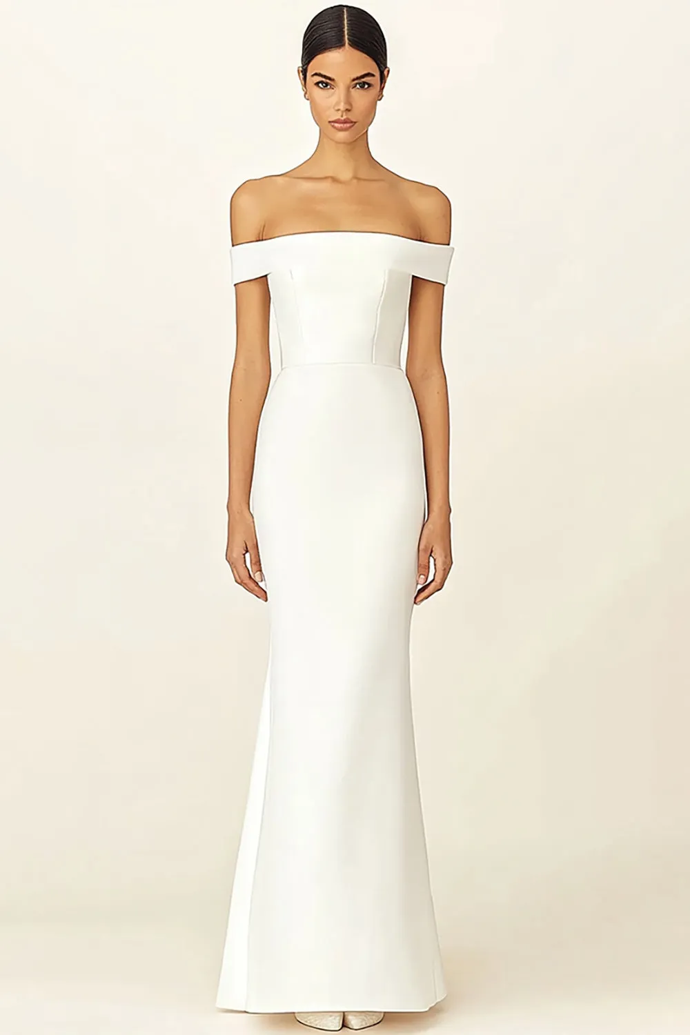 White Off the Shoulder Satin Long Sheath Engagement Dress sold by Zapaka