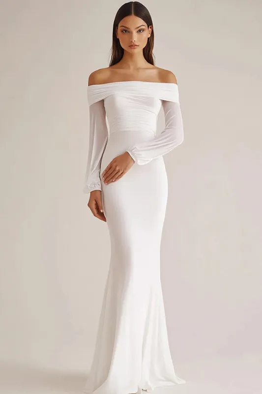 White Long Sleeve Chiffon Off the Shoulder Wedding Dress sold by Zapaka