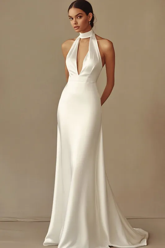 Mermaid Halter Satin White Wedding Dress sold by Zapaka