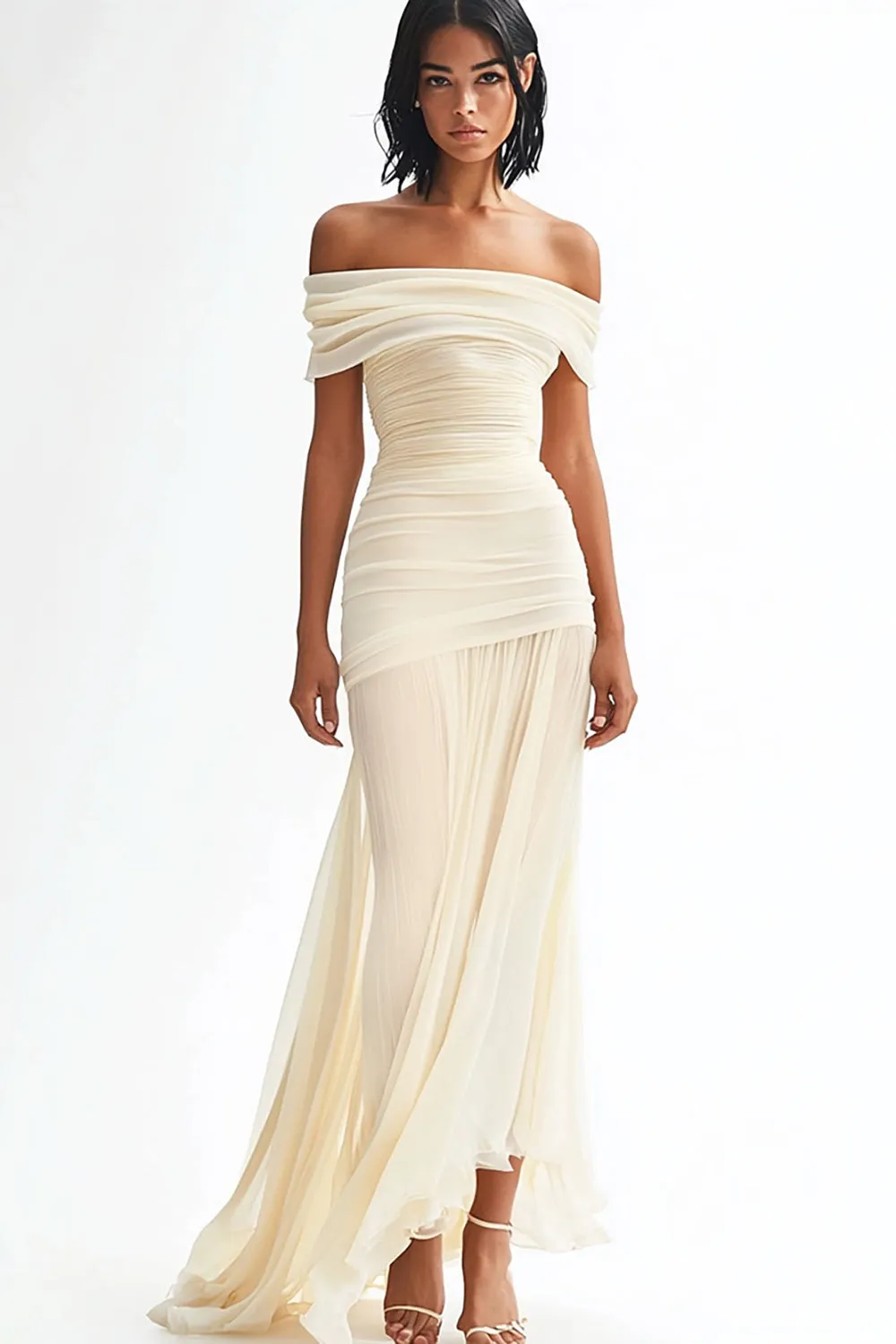 Flowy Ivory Off the Shoulder Ruched Mermaid Wedding Dress sold by Zapaka