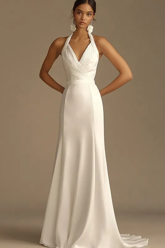 White Halter Ruched Satin Mermaid Wedding Dress sold by Zapaka