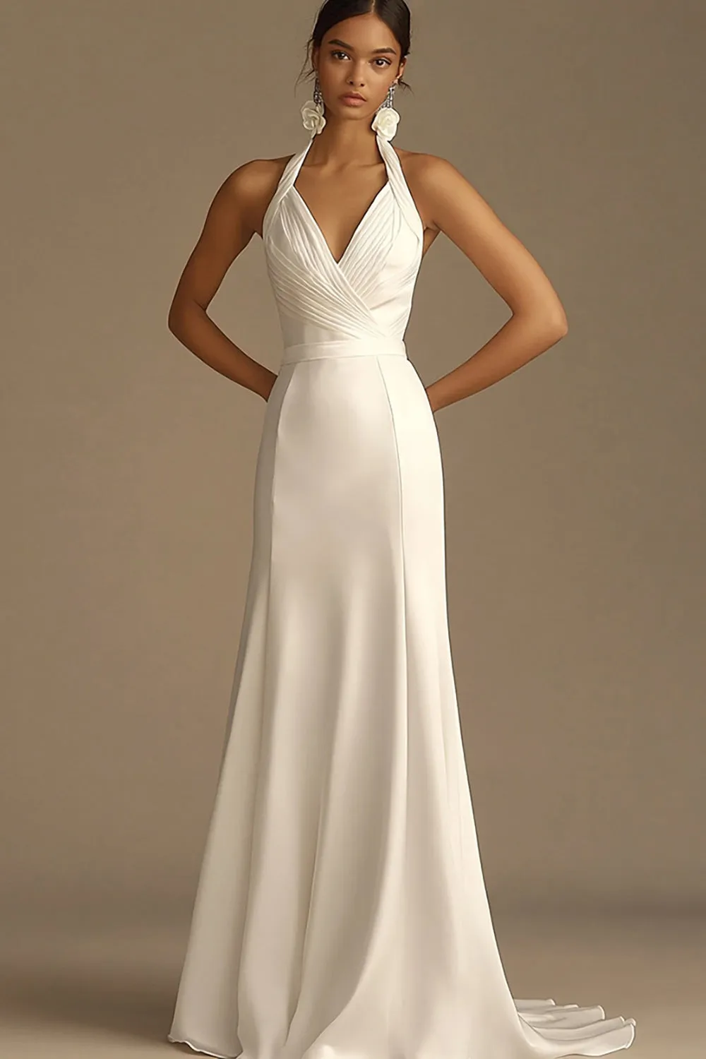 White Halter Ruched Satin Mermaid Wedding Dress sold by Zapaka