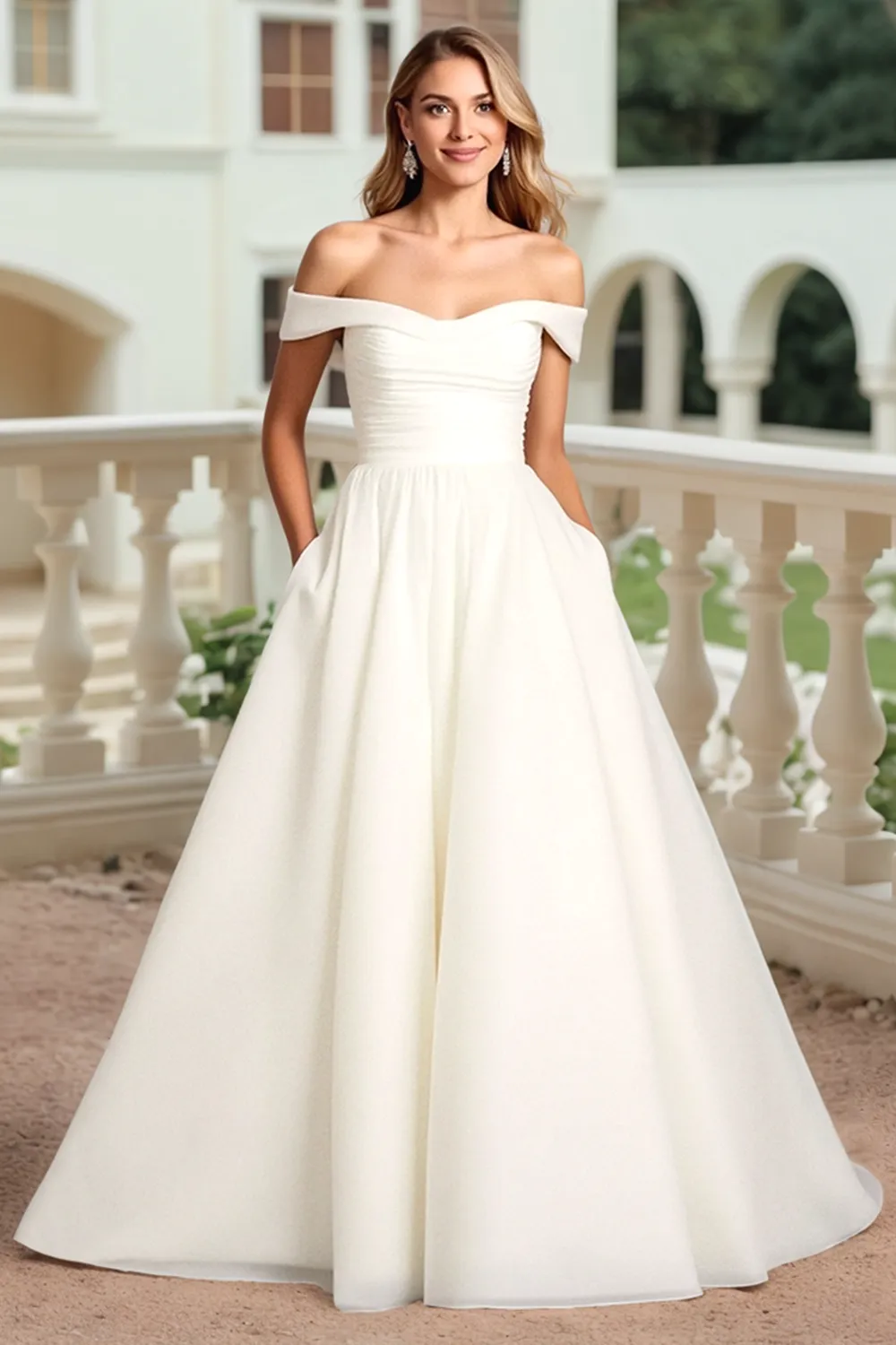 White A Line Ruched Off the Shoulder Wedding Dress sold by Zapaka