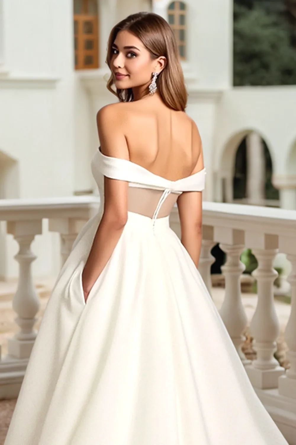 White A Line Ruched Off the Shoulder Wedding Dress sold by Zapaka product image thumbnail 5