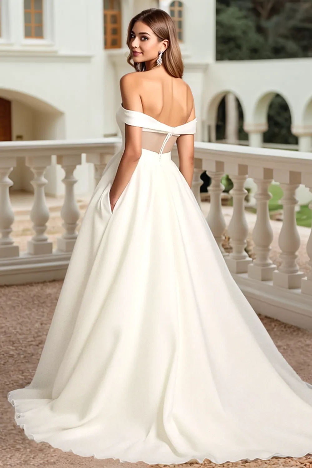White A Line Ruched Off the Shoulder Wedding Dress sold by Zapaka product image thumbnail 2