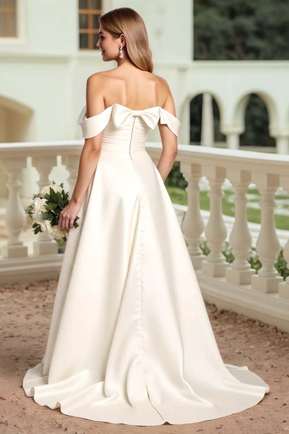 Satin A Line White Off the Shoulder Wedding Dress with Bow sold by Zapaka product image thumbnail 3
