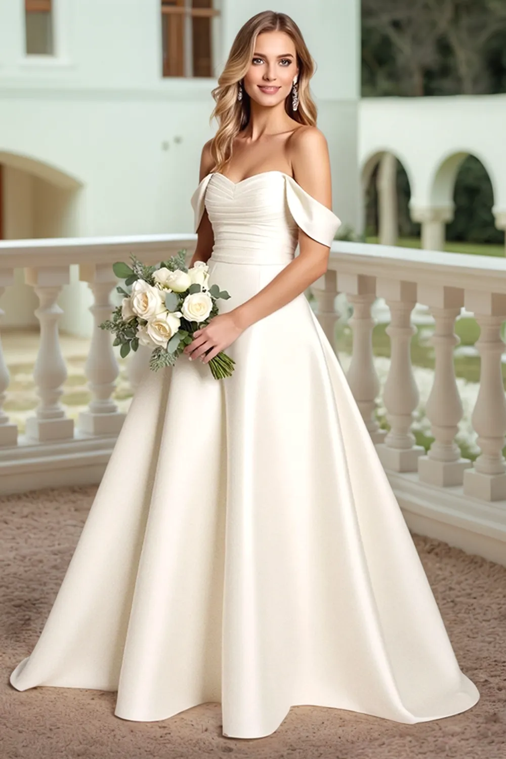 Satin A Line White Off the Shoulder Wedding Dress with Bow sold by Zapaka