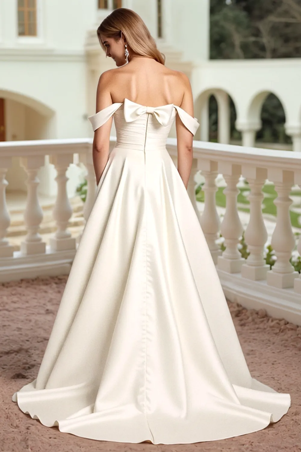 Satin A Line White Off the Shoulder Wedding Dress with Bow sold by Zapaka product image thumbnail 2