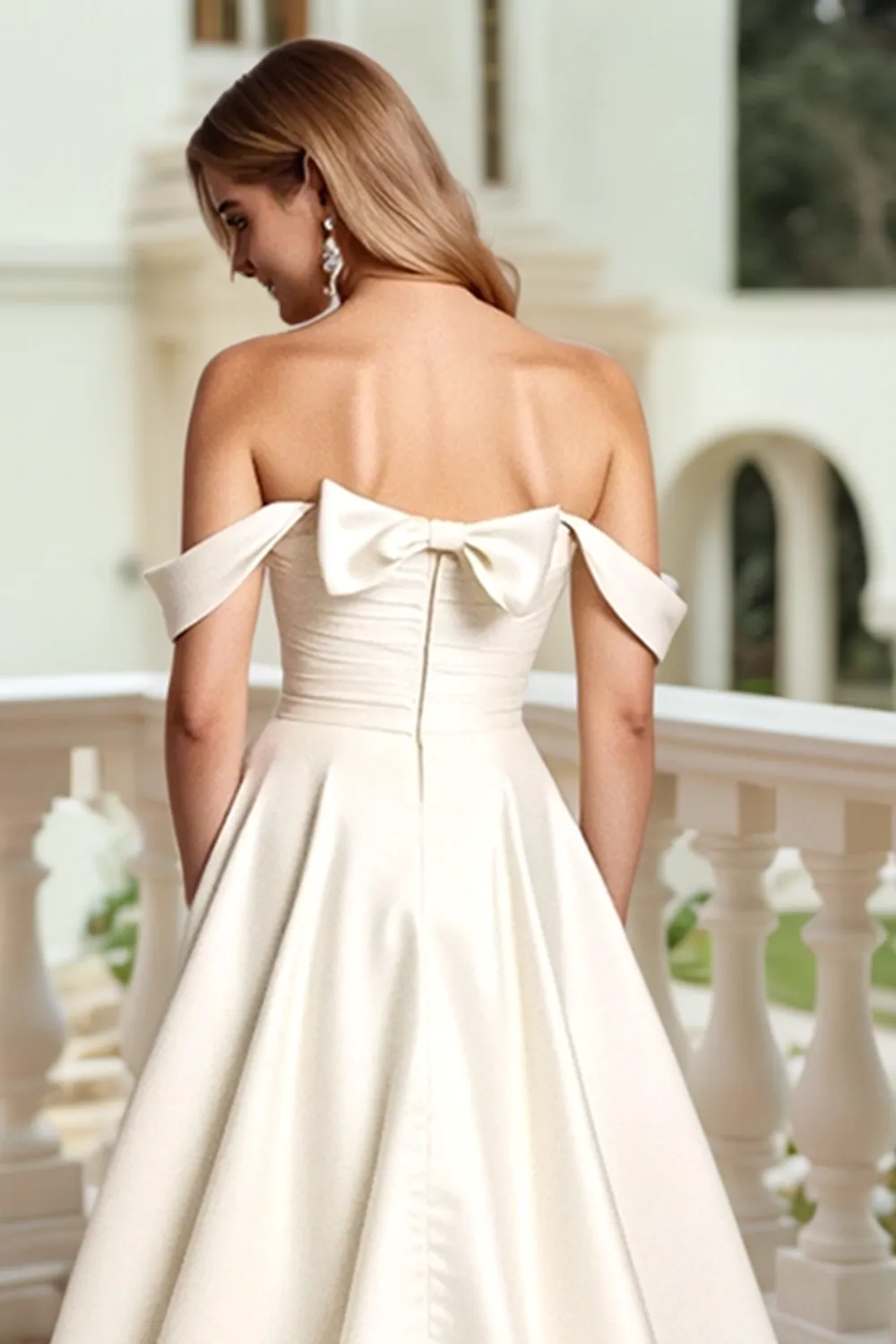 Satin A Line White Off the Shoulder Wedding Dress with Bow sold by Zapaka product image thumbnail 5